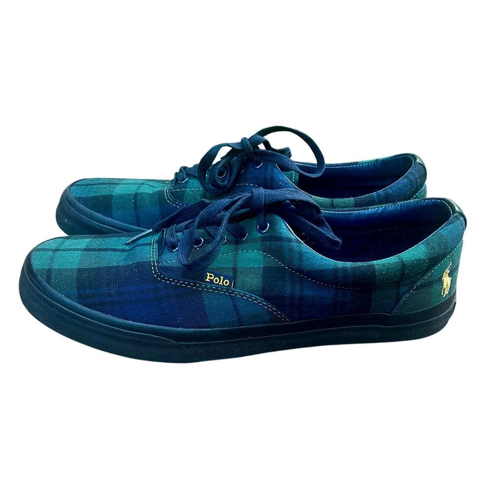 Polo Ralph Lauren Thorton sneakers green, blue plaid canvas size 12
